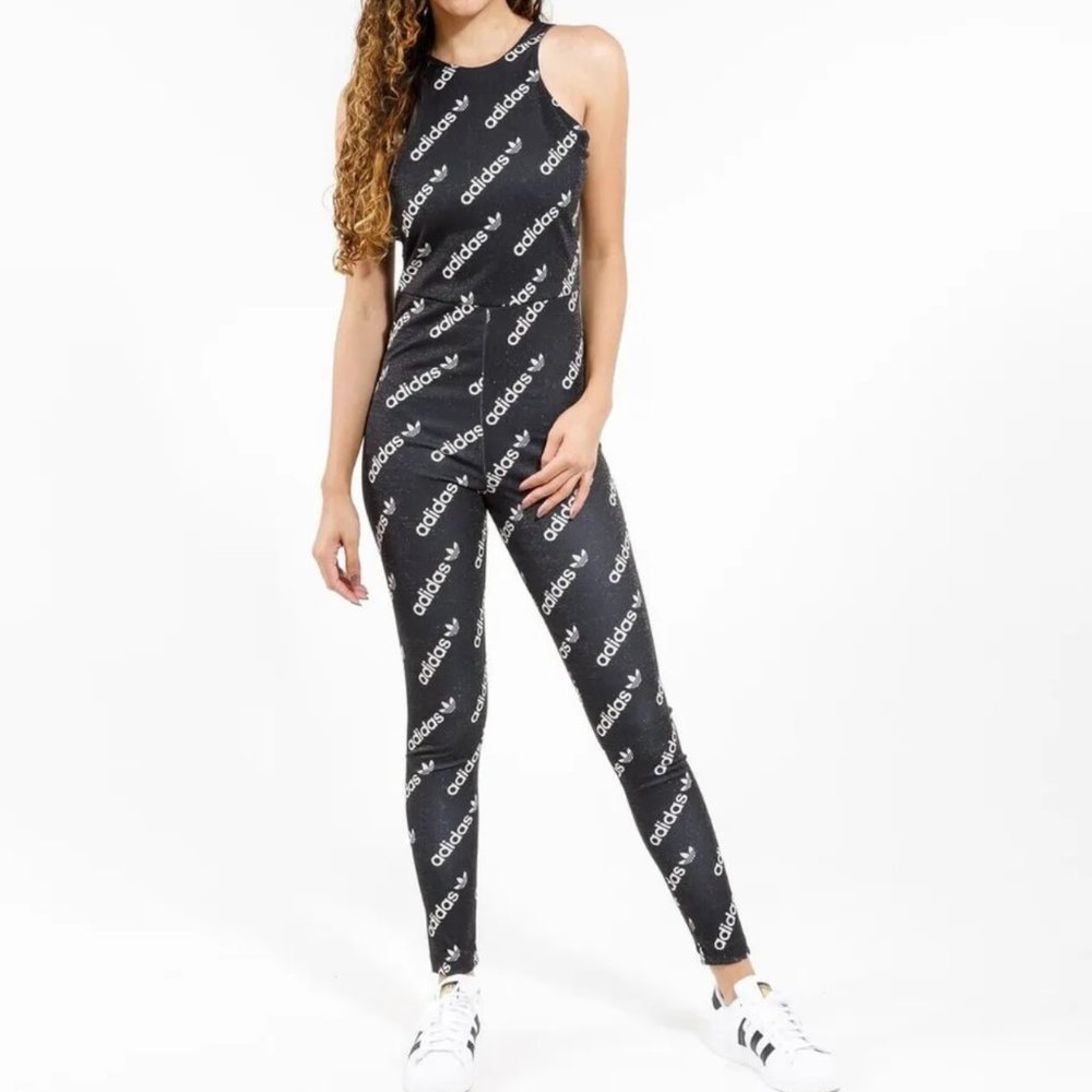 NWT adidas Catsuit Black Logo Pattern Jumpsuit Sleeveless